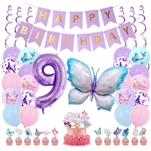 Guoguonb Thema Schmetterling Dekoration 9 Jahr Geburtstag Party Dekoration Bedruckte Ballons Schmetterling Tortendekoration Happy Birthday Banner für 9.Geburtstagsdeko Kinder Birthday Decorations von Guoguonb