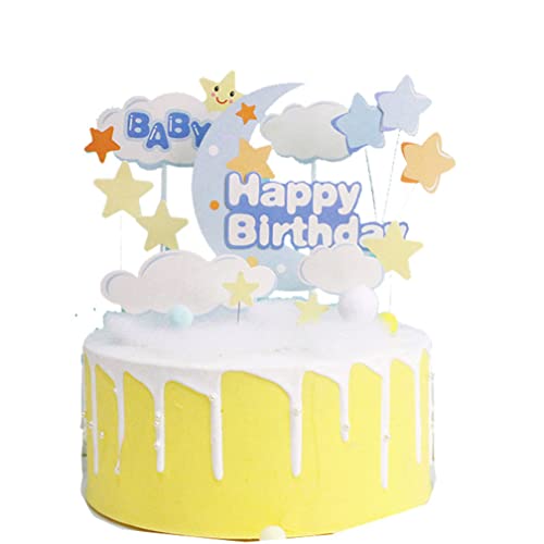 Guoguonb Tortendekoration Blau Happy Birthday Cake Topper Baby Shower Cupcake Wolken Mond Stern Kuchen Topper Junge Babyparty Zubehör Baby Taufe von Guoguonb