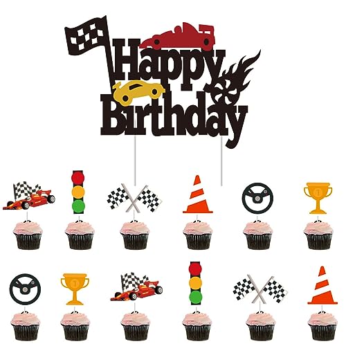 Guoguonb Tortendekorationen zum Thema Rennsport 1 Groß Happy Birthday Cake Topper und 12 Stück Cupcake für Jungs Tortendeko Kindergeburtstag Racing Flagge Party von Guoguonb