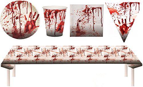 Karneval-Klamotten Blutiges Party Set XXL Halloween Horror Blut 38 Teile Teller, Becher, Servietten, Tischdecke, Partygeschirr von Guoml
