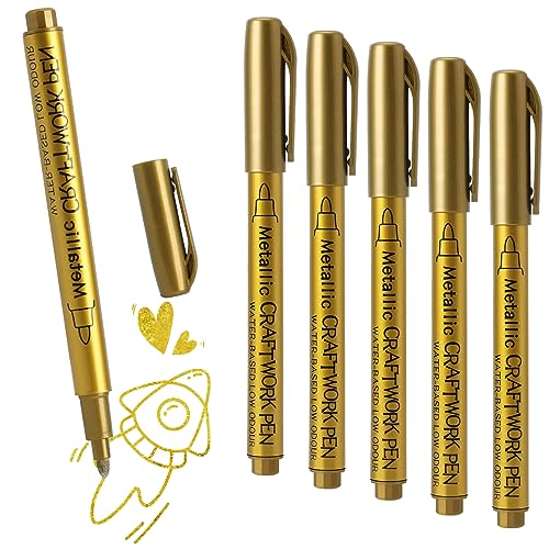 Gold Metallic Marker Pens, 5pcs Gel Ink Pens Shiny Highlight Marker Pens Glittering Permanent Markers Gloss Wet Shine Effect Art Marker Pens for Painting Card Making (5pcs gold) von Guouet