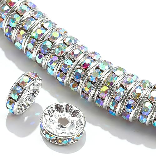 Guoxin Rondelle Abstandsperlen, 100 Stück, runde Kristall-Charms, tschechische Strasssteine, versilbert, Abstandshalter, lose Perlen für DIY-Armband, Halskette, Schmuckherstellung (10 mm, AB-Kristall) von Guoxin