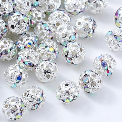 Guoxin Strass-Perlen, 8 mm, Discokugel-Perlen, Kristall-Charm, runde Abstandshalter, lose Perlen mit Blumenkappe für selbstgemachte Armbänder, Halsketten, Schmuckherstellung (AB), 100 Stück von Guoxin