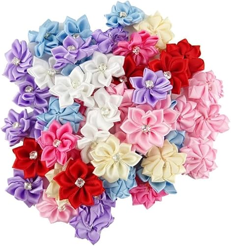 Guozihao 50 Stück DIY Satinband Blumen mit Strass Handwerk Hochzeit Ornament Applikationen (verschiedene Farben, 50 Stück) von Guozihao