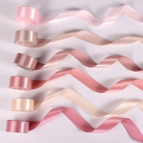 Guozihao Doppelseitiges Satinband für Blumenstrauß, 2,5 cm x 27,7 m, 6 Rollen, rosa Seidenbänder für Hochzeitseinladungen, Basteldekorationen, Babypartys, Partys, Verabredungen (6 Farben) von Guozihao
