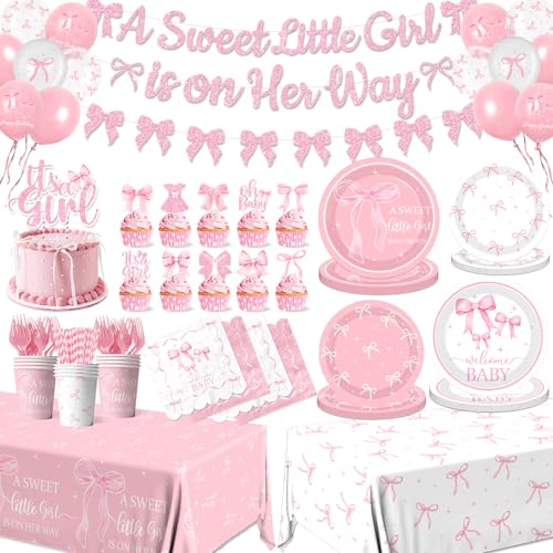 Rosa Schleife Babyparty-Dekorationen für Mädchen, rosa Schleife, Geburtstagsparty-Zubehör, inklusive Schleife, Teller, Serviette, Banner, Kuchendekoration, Luftballons von Gupesxu