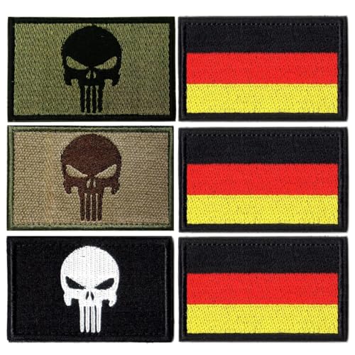 Gurxi Deutschland Patch 6 Stücke Patches Klett Militär Punisher Patch Aufnäher Patches Airsoft Patch Klett Skull Patches Klett für Rucksäcke Taktische Kleidung Aufkleber Abzeichen Klettbänder 8x5cm von Gurxi