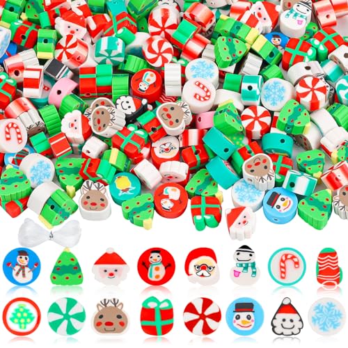 Gushu 200 weihnachtliche Polymer-Ton-Perlen für die Herstellung von Armbändern, 10 mm, niedliche, flache Abstandshalter, Heishi, Weihnachtsperlen für Frauen und Mädchen, Schmuckherstellung DIY von Gushu
