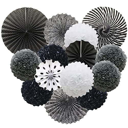 Gute Seidenpapier Pompons Pompoms Set Hängende Papier Fans Papierblumen Ball, Fächer Dekoration,Festival, Party Dekoration (Schwarz-Weiß-Thema) von Gute