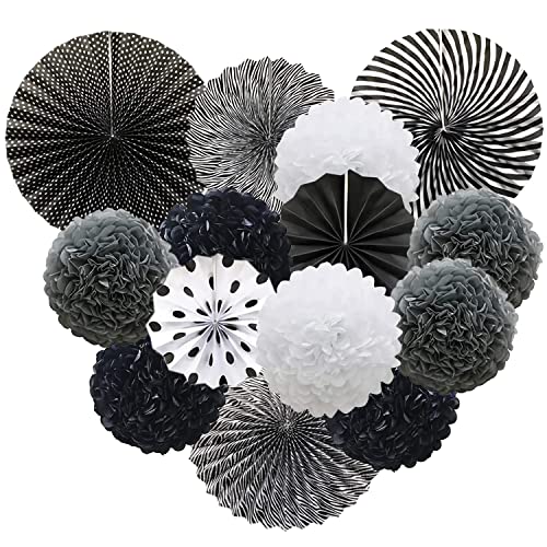 Gute Seidenpapier Pompons Pompoms Set Hängende Papier Fans Papierblumen Ball, Fächer Dekoration,Festival, Party Dekoration (Schwarz-Weiß-Thema)… von Gute