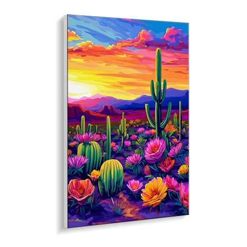Malen nach Zahlen für Erwachsene – DIY Ölgemälde Set für Anfänger, ohne Rahmen 20 x 30 cm, mit 3 Pinseln & Acrylfarben, Home Deko Entspannung & Kreativität Geschenk (Sonnenuntergang Kaktus) i-400 von Guuogxan