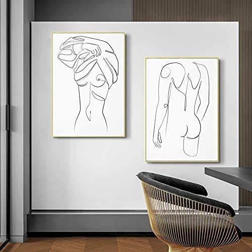 Frau und Mann Körper Eine Strichzeichnung Abstrakte Nackte Silhouette Leinwand Malerei Minimalistische Kunst Wanddekor Bild Wohnzimmer 70x100cm (28x39in) x2 Rahmenlos von Guying Art