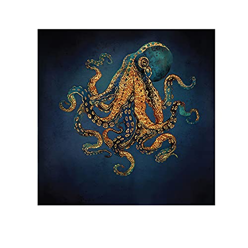 Guying Art Marine Life Gold Tintenfisch Leinwand Gemälde Ozean Landschaft Poster Drucke Wandkunst Bilder für Aquarium Zimmer Wohnkultur 50x50cm Rahmenlos von Guying Art