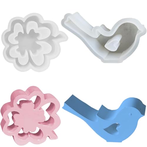 Guyode 2 Stück Silikonform Gießform, Silikonform Vogel, Resin Formen, Epoxidharz Formen Silikon, Frühling Kerzengießform Silikon Gießform für DIY Handwerk (Glücksklee+Vogel) von Guyode