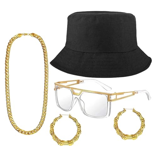 Sonnenbrille im 80er-Jahre-Stil, Haargummis für 80er-Jahre-Frisuren, Boombox-Accessoire für Partys, Outfit-Zubehör für Damen und Herren, Hip-Hop-Kostüm, runde Brille, Kunstgoldkette, Ohrringschmuck Sonnenbrille im 80er-Jahre-Stil, Haargummis für 80er-Jahre-Frisuren, Boombox-Accessoire für Partys, Outfit-Zubehör für Damen und Herren, Hip-Hop-Kostüm, runde Brille, Kunstgoldkette, Ohrringschmuck von Gvblkq