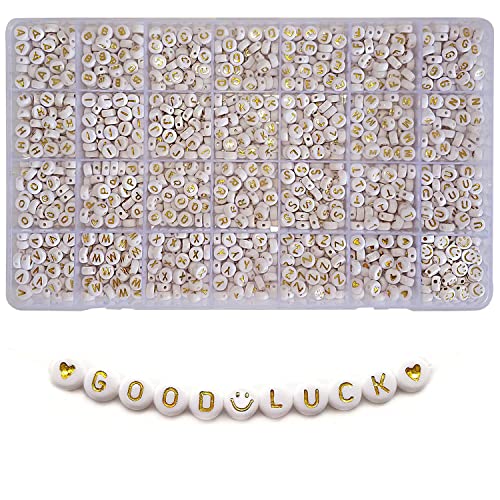 Gxadwzy 1400 Stück Buchstabenperlen 4x7mm Gold Buchstaben A bis Z Herzperlen und Smiley Perlen für Armbänder Halsketten Schmuck von Gxadwzy