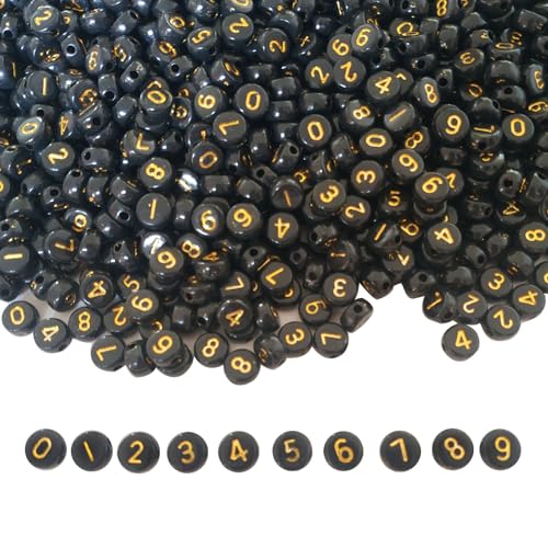 Gxadwzy 500 Stück Zahlenperlen Mix 0-9 Gold Schwarz Rund 7mm Perlen Buchstabenperlen von Gxadwzy