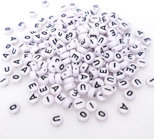 Gxadwzy Buchstabenperlen A E I O U, Vowel Buchstaben Perlen 4x7mm Weiß Rund Acryl für Schmuckherstellung von Gxadwzy