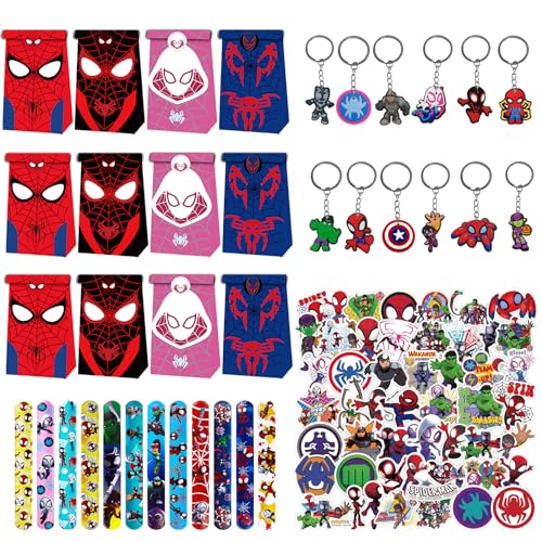 48 PCS Spiderman Party Mitgebsel, Spider-Man und seine Freunde Geschenkset, 12 Geschenk Taschen, 12 Spiderman Aufkleber, 12 Slaparmbänder, 12 Schlüsselanhänger, Geburtstagsgeschenk für Kinder von Gxhong