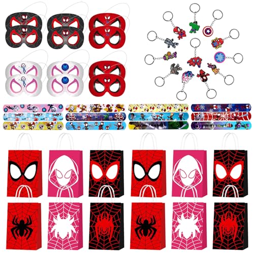 48 PCS Spiderman Party Mitgebsel, Spider-Man und seine Freunde Geschenkset, 12 Geschenk Taschen, 12 Spiderman Masken, 12 Slaparmbänder, 12 Schlüsselanhänger, Geburtstagsgeschenk für Kinder von Gxhong