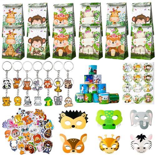 98Pcs Tiere Geschenk Kindergeburtstag, Thema Geschenktasche Armbänder Schlüsselanhänger Papier Maske Kinder Aufkleber, Dschungel Party Zubehör, für Mädchen Jungen Einladungen von Gxhong
