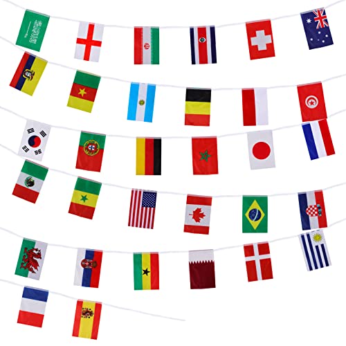 Gxhong 32 Länder Wimpelkette Flaggen Dekorationen, Flaggenkette Girlande Fußball WM 2022 Flaggenkette, 10m Länderflaggen Fahnenkette Banner für Bar, Sportvereine, Fanclub Dekoration, Fußball WM Party von Gxhong