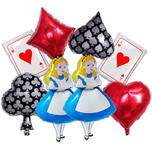 Gxhong 8Pcs Alice Geburtstag Party Ballon, Casino Folienballon, Poker Herz-Ass Kinder Deko Luftballons, Alice Helium Bunte Luftballons Set, für Jungen Mädchen Casino Thema Party Dekoration von Gxhong