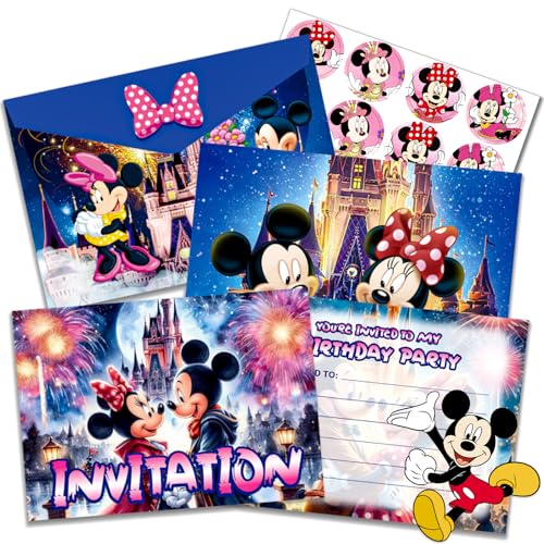 Gxhong Kinder Einladungen, Micky Mouse Einladungen, 12 Micky Minnie Einladungskarten Mit 12 Umschlag und 12 Runde Aufkleber, für kindergeburtstage, poolpartys, Babyparty von Gxhong
