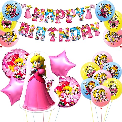Princess Peach Kindergeburtstag Deko set, Peach Princess Thema Party Balloons, Folienballon Set Mädchen, Farbige Latex Ballons, Happy Birthday Banner, für Mädchen Kinder Rosa Party Supplies von Gxhong