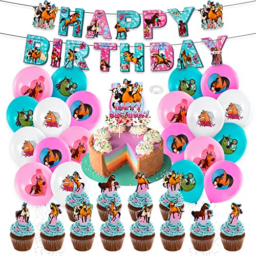Thema Party Dekoration, 36 pcs Geburtstags Deko Set, Horse Geburtstag Luftballons Kit, Pferd Happy Birthday Banner Cake Toppers für Kinder Geburtstag Party deko von Gxhong