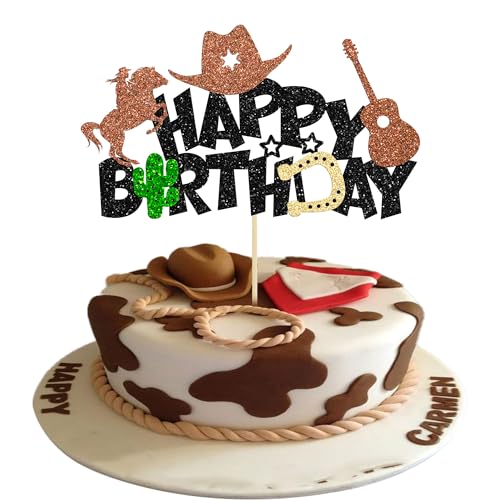 1Pcs Cowboy Happy Birthday Cake Topper Wild West Horse Western Themed Cake Pick Decorations Black Brown Glitter Hat boot Shooting Horse Party Decoration Supplies for Boys Man Kids von Gyufise