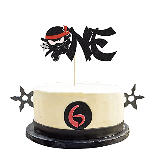 1Pc Ninja One Cake Topper Black Glitter Ninja First Birthday Cake Decorations Kung Fu Warriors Pick Ninja Theme First Baby Shower Kids Birthday Party Cake Decorations Supplies von Gyufise