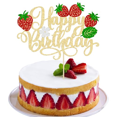 Gyufise 1 x Erdbeer-Kuchenaufsatz "Happy Birthday", Glitzer-Erdbeer-Kuchenaufsatz für Obst-Thema, Babyparty, Kindergeburtstag, Party, Obstparty, Kuchendekorationen, Zubehör, Rosa Gyufise 1 x Erdbeer-Kuchenaufsatz "Happy Birthday", Glitzer-Erdbeer-Kuchenaufsatz für Obst-Thema, Babyparty, Kindergeburtstag, Party, Obstparty, Kuchendekorationen, Zubehör, Rosa von Gyufise