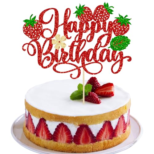 Gyufise 1 x Erdbeer-Kuchenaufsatz "Happy Birthday", Glitzer-Erdbeer-Kuchenaufsatz für Obst-Thema, Babyparty, Kindergeburtstag, Party, Obstparty, Kuchendekorationen, Zubehör, Rot Gyufise 1 x Erdbeer-Kuchenaufsatz "Happy Birthday", Glitzer-Erdbeer-Kuchenaufsatz für Obst-Thema, Babyparty, Kindergeburtstag, Party, Obstparty, Kuchendekorationen, Zubehör, Rot von Gyufise