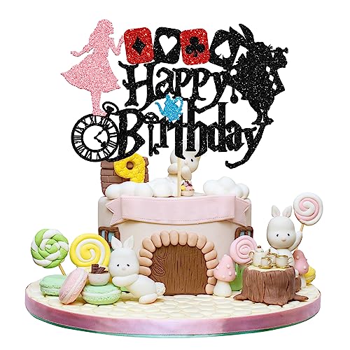 Gyufise 1 x glitzernder "Happy Birthday"-Kuchenaufsatz für Kinder oder Audlts, Cartoon-Hase, Mädchen, Alice im Wunderland, Geburtstagsparty, Teeparty, Ostern, Party, Dekoration, Zubehör von Gyufise