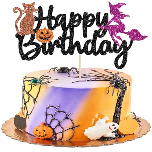 Gyufise 1 x Halloween-Kuchenaufsatz "Happy Birthday", Kuchendekorationen für Halloween, Hexe, Katze, Kürbis-Thema, Geburtstagsparty-Zubehör Gyufise 1 x Halloween-Kuchenaufsatz "Happy Birthday", Kuchendekorationen für Halloween, Hexe, Katze, Kürbis-Thema, Geburtstagsparty-Zubehör von Gyufise