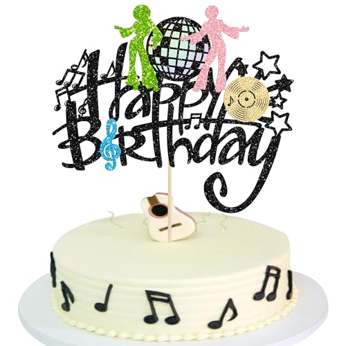Gyufise 1 x Rock-Happy Birthday-Kuchenaufsatz, Glitzer, Musik, Disco-Kugel, Kuchendekoration, 70er-Jahre, Disco-Tanz-Rock-Kuchendekoration für Rockband, Musik, Konzert, Thema, Geburtstagsparty, von Gyufise