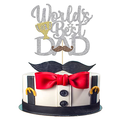 Gyufise 1 x World's Best Dad Cake Topper Father's Day Cake Pick with Moustache Happy Father's Day Birthday Party Cake Decorations Toppers Picks for Father's Birthday Party Supply Silver Glitter von Gyufise