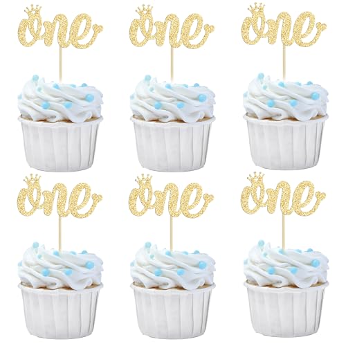Gyufise 24 Stück 1 Cupcake-Topper Gold Glitter First Birthday Dekorationen für Kinder Jungen Mädchen First Birthday Party Dekoration Supplies von Gyufise
