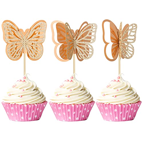 Gyufise 24 Stück 3D-Schmetterling-Cupcake-Topper, zusammengebaut, doppellagig, rotgoldfarben, glitzernd, Schmetterling, Cupcake-Picks, Dekorationen für Babyparty, Kindergeburtstag, Partyzubehör von Gyufise