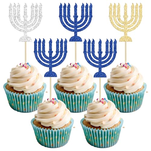 Gyufise 24 Stück Chanukkah-Cupcake-Topper, neun Lampenständer, Cupcake-Topper, funkeln, jüdischer Geburtstag, Chanukka, Urlaub, Party-Dekoration von Gyufise