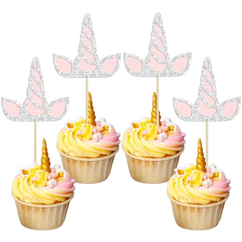 Gyufise 24 Stück Einhorn-Cupcake-Topper Glitzer Doppelschichten Einhorn Horn Cupcake Picks Hochzeit Verlobung Brautdusche Kuchen Dekorationen für Babyparty Geburtstag Thema Party Supplies Rosa Silber von Gyufise