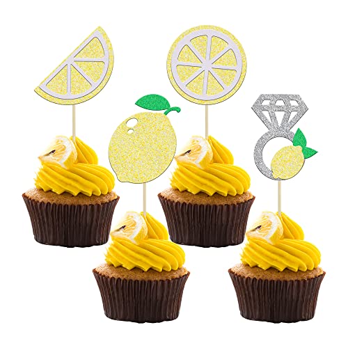 Gyufise 24 Stück Glitzer Zitrone Cupcake Topper Picks Flower Ring Fruit Bridal Shower Cupcake Picks for Wedding Engagement Bridal Shower Bachelorette Party Decoration Supplies von Gyufise