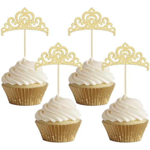 Gyufise 24 Stück Goldfarbene Prinzessinnen-Kronen-Cupcake-Topper, Glitzer-Prinzessinnen-Kuchen-Dekorationen für Hochzeit, Mädchen, Geburtstag, Babyparty, Party-Dekorationen von Gyufise