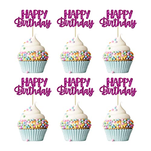 Gyufise 24 Stück Happy Birthday Cupcake Topper Glitzer Geburtstag Cupcake Lebensmittel Picks für Feiern Happy Birthday Thema Party Kuchen Dekorationen Zubehör Lila von Gyufise