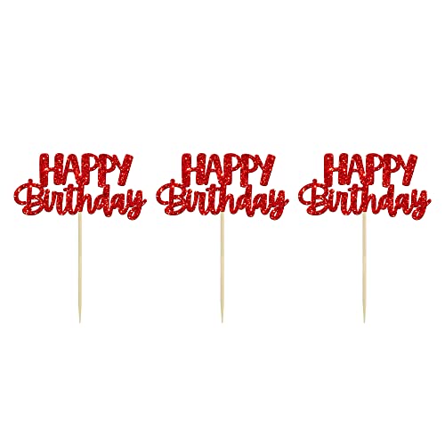 Gyufise 24 Stück Happy Birthday Cupcake Topper Glitzer Geburtstag Cupcake Lebensmittel Picks für Feiern Happy Birthday Thema Party Kuchen Dekorationen Zubehör Rot von Gyufise