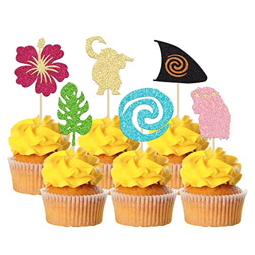 Gyufise 24 Stück Moana inspirierte Cupcake-Topper, Glitzerpalmenblatt, Blume, Moana, Cupcake, Dekorationen für tropische hawaiianische Luau-Themen, Babyparty, Geburtstagsparty-Zubehör von Gyufise