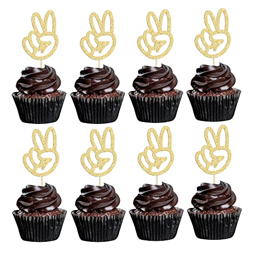 Gyufise 24 Stück Peace-Zeichen Hand Cupcake Toppers Peacekeeper Cupcake Picks Gold Glitter Peace Sign Cake Topper Hand Peace Zeichen Kuchen Dekoration für 2. Geburtstag Frieden Motto Party Jahrestag von Gyufise