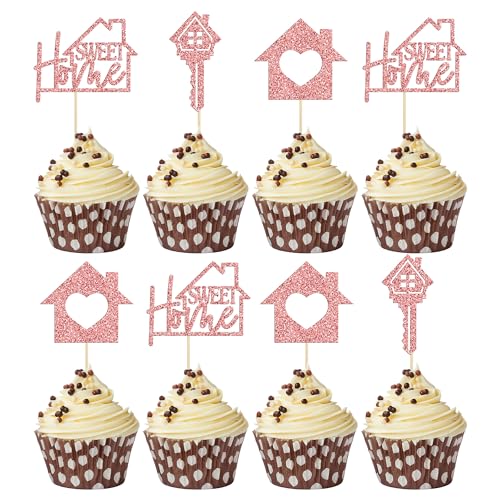 Gyufise 24 Stück Roségold Sweet Home Cupcake Topper Glitzer Schlüssel Einweihungsfeier Cupcake Picks Dekorationen für neues Zuhause Thema Party Kuchen Dekorationen Zubehör von Gyufise