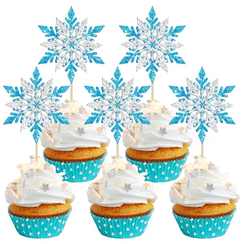 Gyufise 24 Stück Schneeflocken-Cupcake-Topper, doppellagig, Silber und Blau, Winter-Design, Cupcake-Picks, Babyparty, Kindergeburtstag, Party, Weihnachten, Kuchendekorationen, Zubehör von Gyufise
